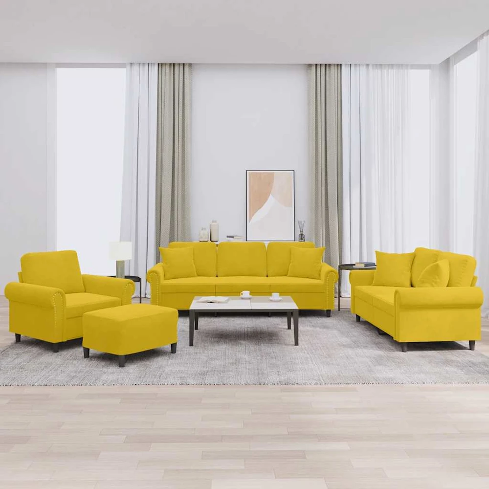 Sofa Sofos komplektas su pagalvėmis, 4 dalių, geltonas, aksomas