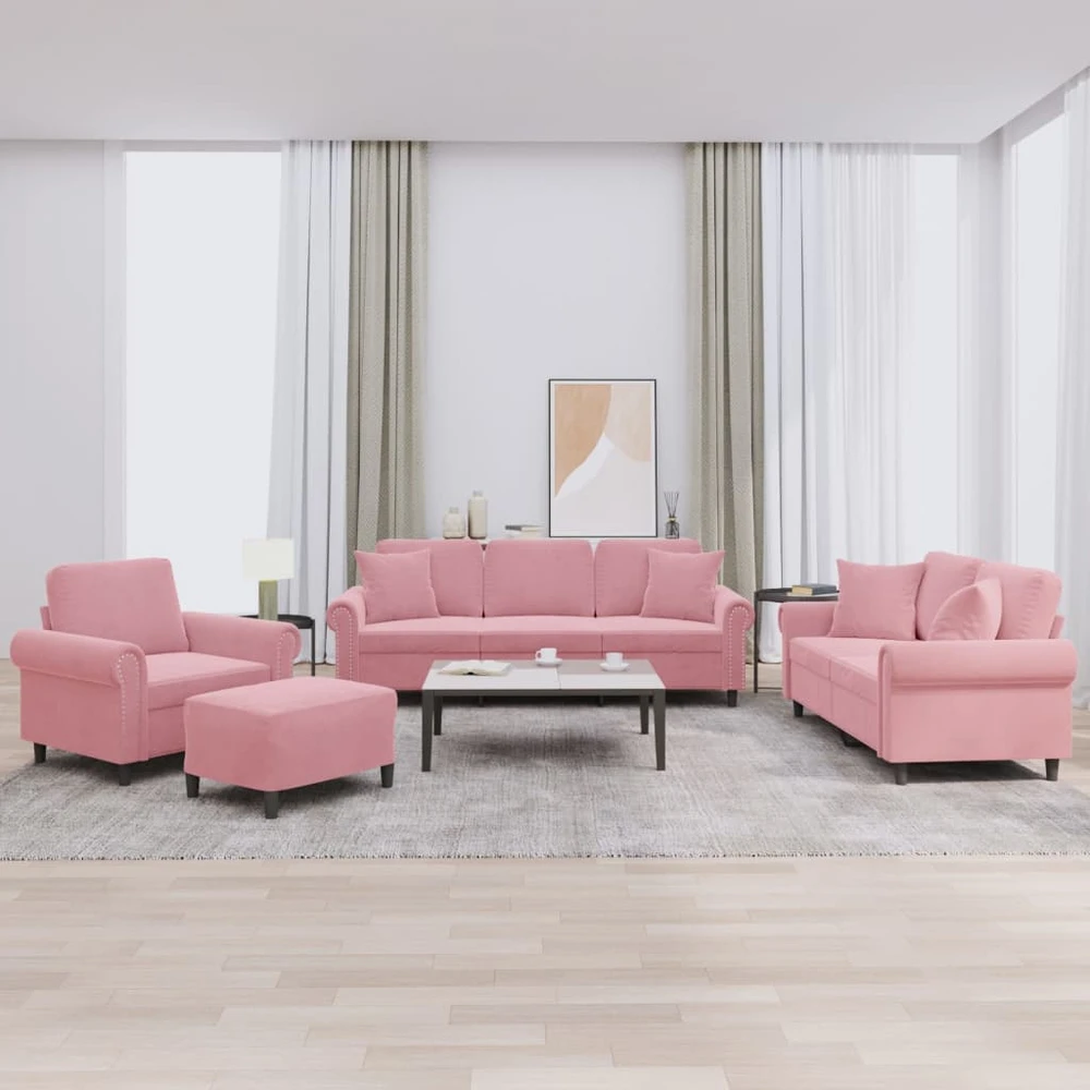 Sofa Sofos komplektas su pagalvėmis, 4 dalių, rožinis, aksomas
