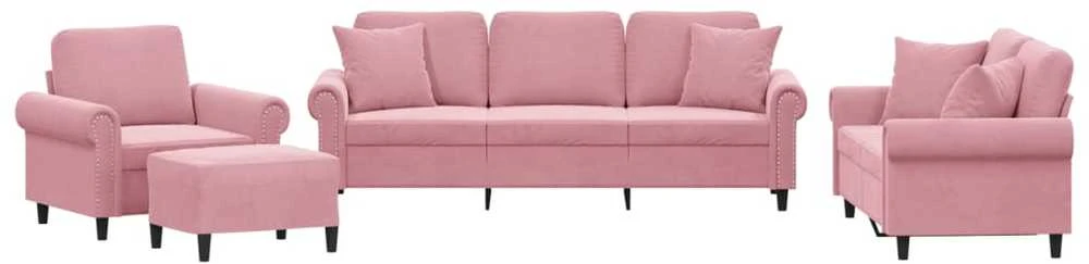 Sofa Sofos komplektas su pagalvėmis, 4 dalių, rožinis, aksomas