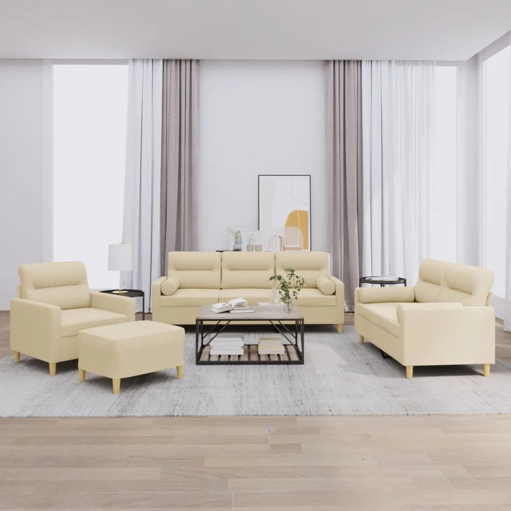 Sofa Sofos komplektas su pagalvėmis, 4 dalių, kreminis, audinys