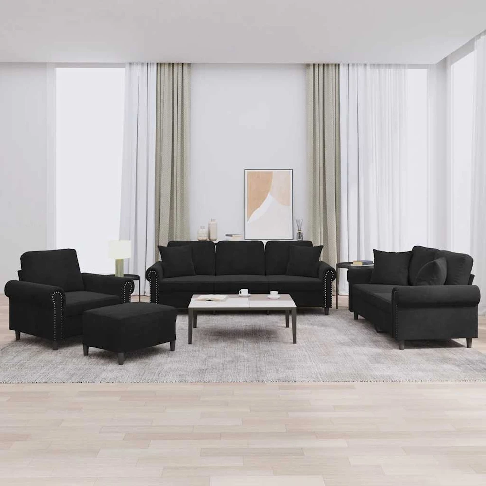Sofa Sofos komplektas su pagalvėmis, 4 dalių, juodas, aksomas