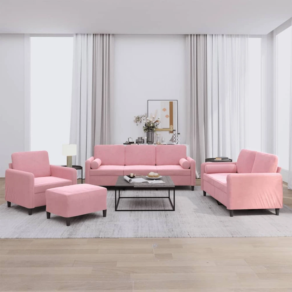 Sofa Sofos komplektas su pagalvėmis, 4 dalių, rožinis, aksomas