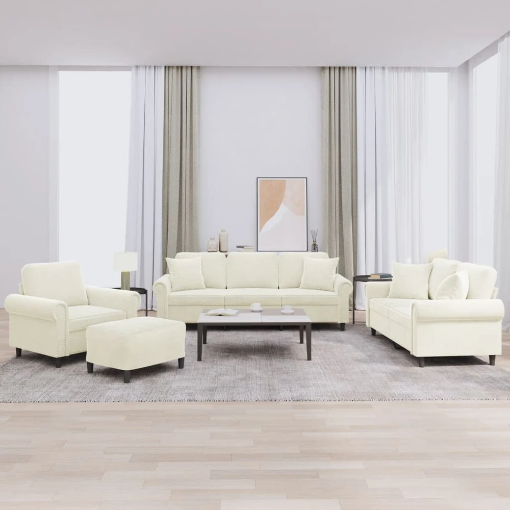 Sofa Sofos komplektas su pagalvėmis, 4 dalių, kreminis, aksomas