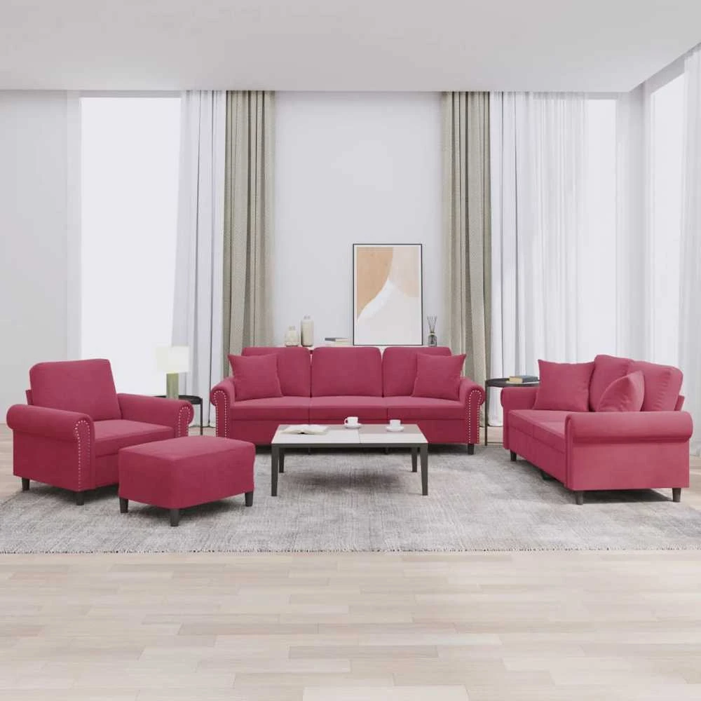 Sofa Sofos komplektas su pagalvėmis, 4 dalių, vyno, aksomas