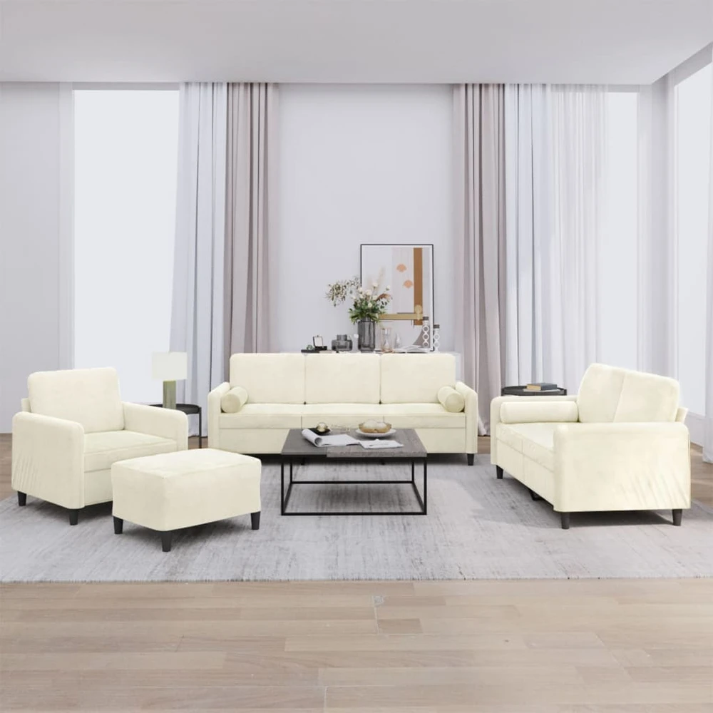 Sofa Sofos komplektas su pagalvėmis, 4 dalių, kreminis, aksomas