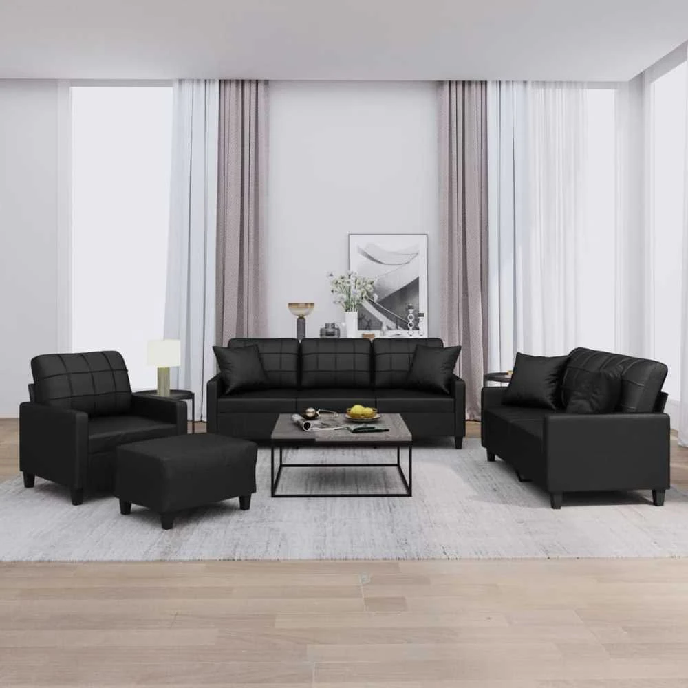 Sofa Sofos komplektas su pagalvėmis, 4 dalių, juodas, dirbtinė oda