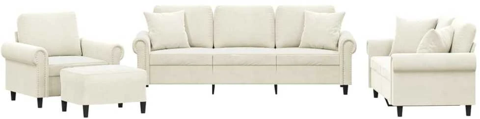 Sofa Sofos komplektas su pagalvėmis, 4 dalių, kreminis, aksomas