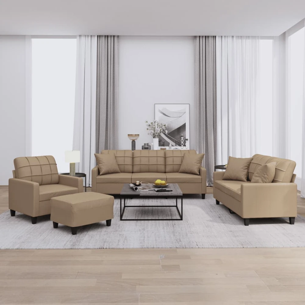Sofa Sofos komplektas su pagalvėmis, 4 dalių, kapučino, dirbtinė oda