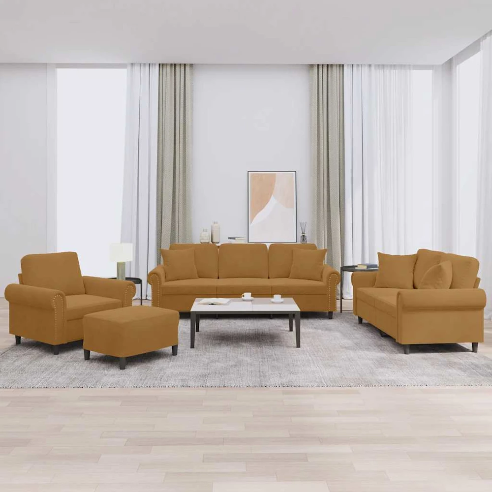 Sofa Sofos komplektas su pagalvėmis, 4 dalių, rudas, aksomas