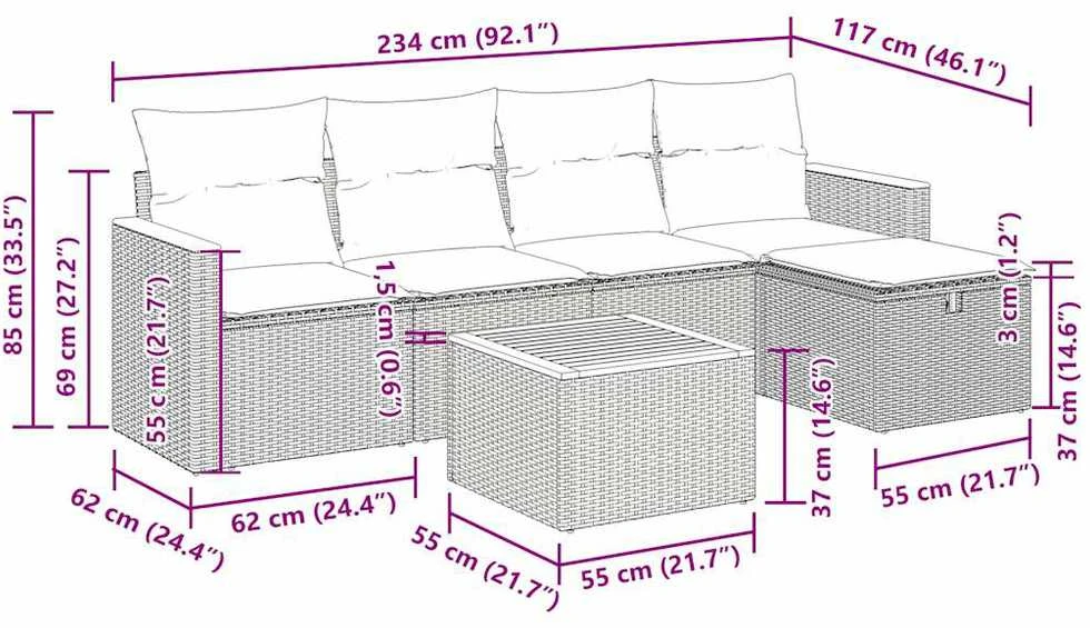 Lauko baldų komplektas Sofos komplektas su pagalvėlėmis, 6 dalių, pilkas, poliratanas