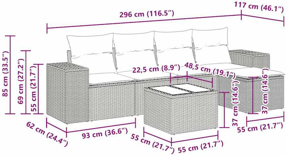 Lauko baldų komplektas Sofos komplektas su pagalvėlėmis, 6 dalių, juodas, poliratanas