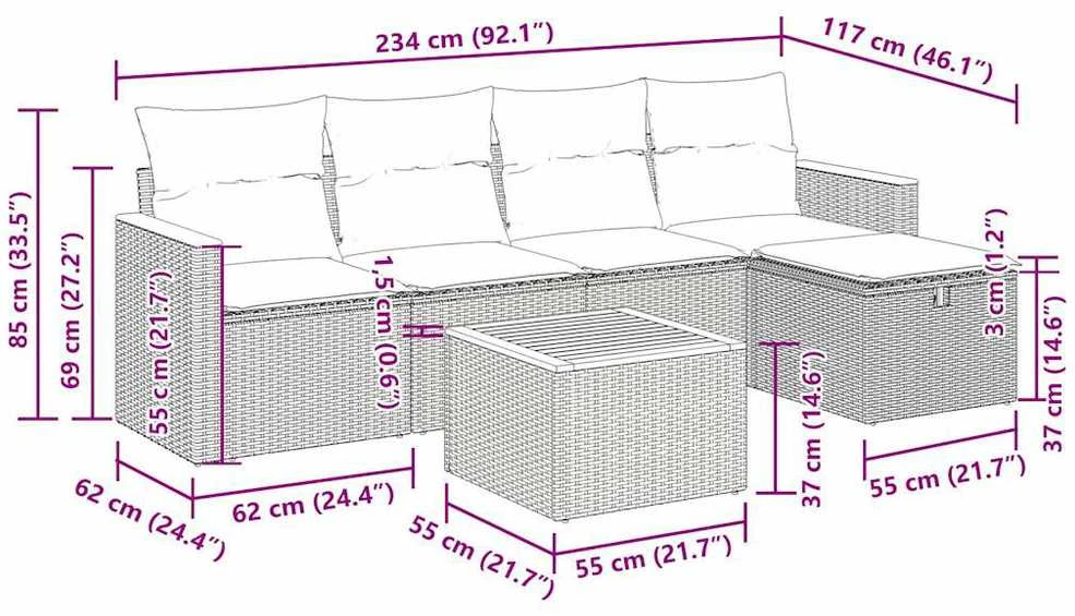 Lauko baldų komplektas Sofos komplektas su pagalvėlėmis, 6 dalių, juodas, poliratanas