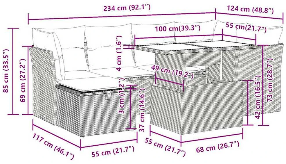 Lauko baldų komplektas Sofos komplektas su pagalvėlėmis, 7 dalių, pilkas, poliratanas