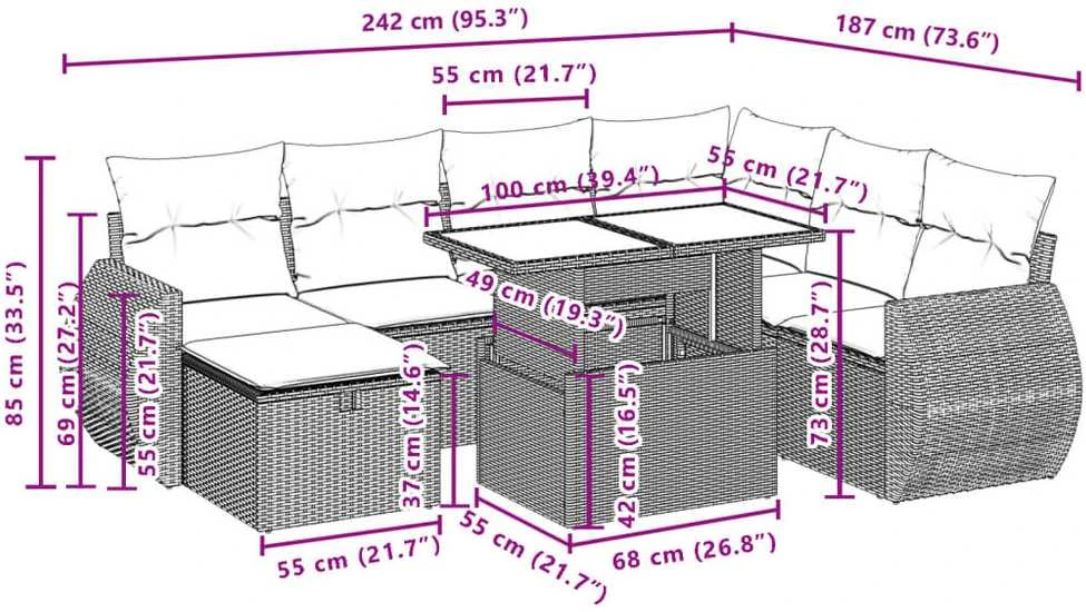Lauko baldų komplektas Sofos komplektas su pagalvėlėmis, 8 dalių, smėlio, poliratanas
