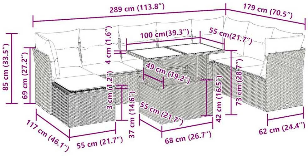 Lauko baldų komplektas Sofos komplektas su pagalvėlėmis, 9 dalių, pilkas, poliratanas