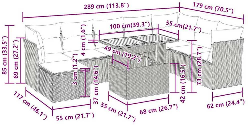 Lauko baldų komplektas Sofos komplektas su pagalvėlėmis, 9 dalių, pilkas, poliratanas