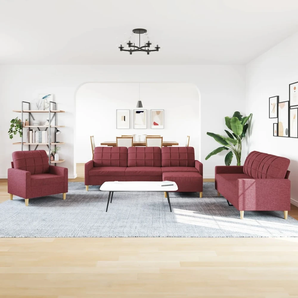 Sofa Sofos komplektas su pakoja, 4 dalių, vyno, audinys