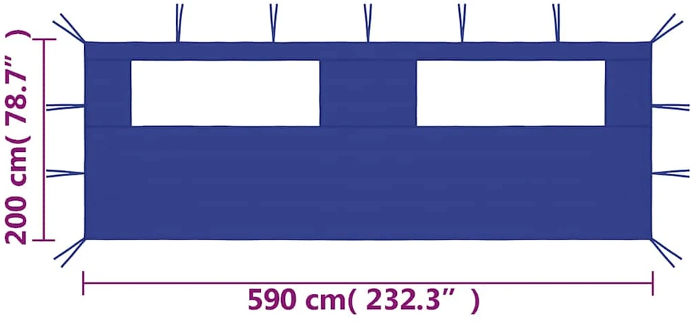 Šoninė pavėsinės siena su langais, mėlynos spalvos, 6x2m