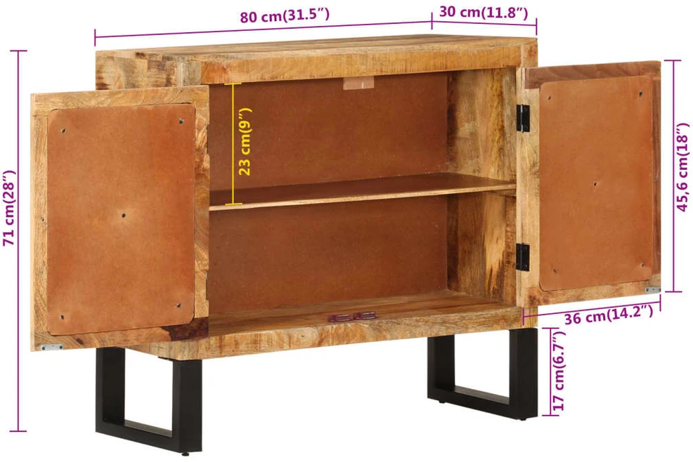 Šoninė spintelė, 80x30x71cm, neapdorotas mango masyvas/metalas