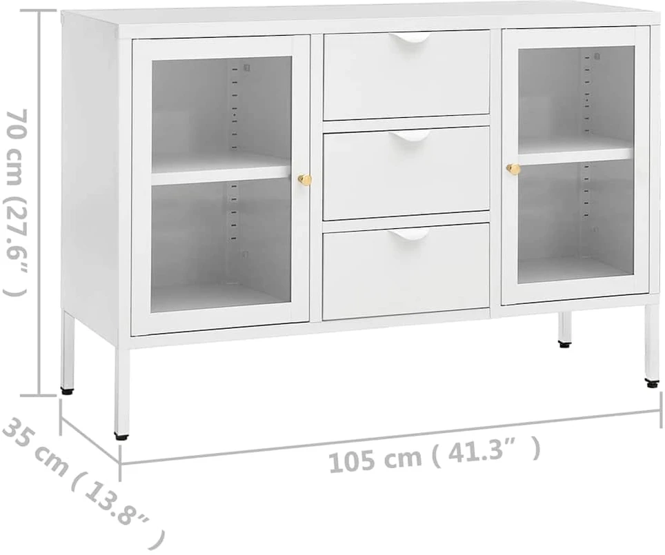 Šoninė spintelė, balta, 105x35x70cm, plienas/grūdintas stiklas