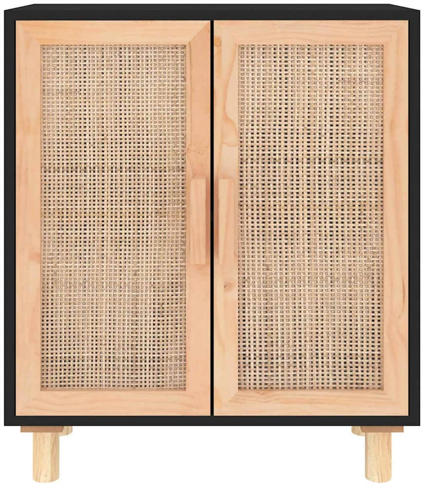 Šoninė spintelė, juoda, 60x30x70cm, pušies masyvas ir ratanas