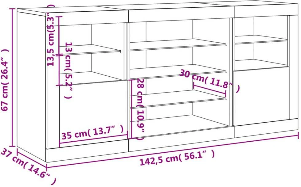 Šoninė spintelė su LED lemputėmis, ąžuolo, 142,5x37x67cm