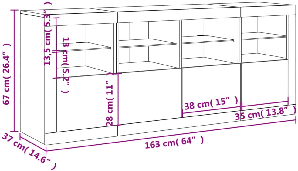 Šoninė spintelė su LED lemputėmis, ąžuolo, 163x37x67cm