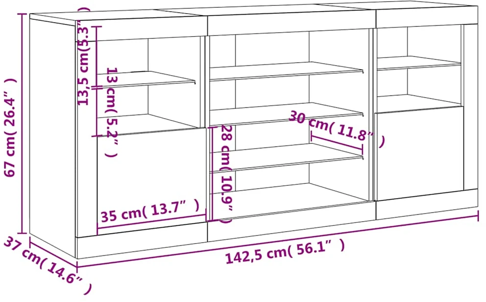 Šoninė spintelė su LED lemputėmis, balta, 142,5x37x67cm