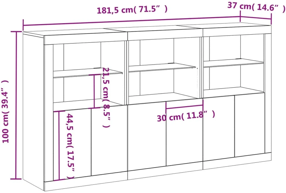 Šoninė spintelė su LED lemputėmis, balta, 181,5x37x100cm