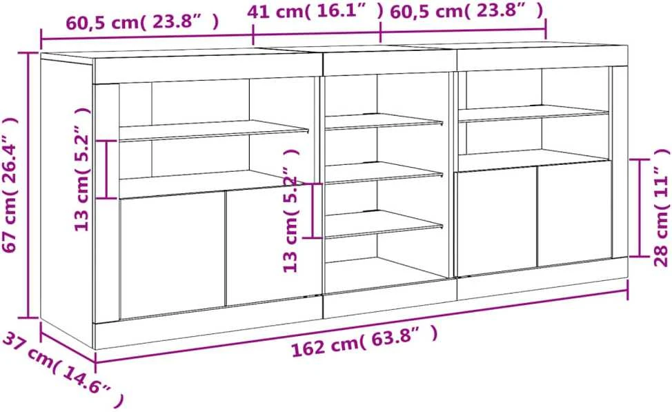 Šoninė spintelė su LED lemputėmis, baltos spalvos, 162x37x67cm