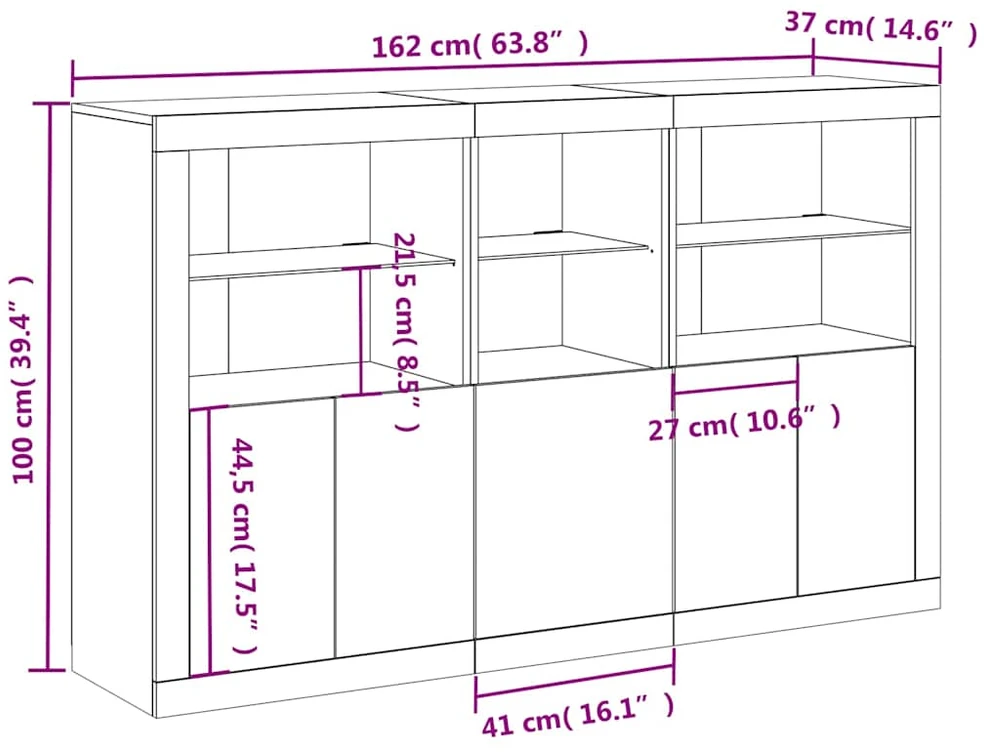 Šoninė spintelė su LED lemputėmis, betono pilka, 162x37x100cm