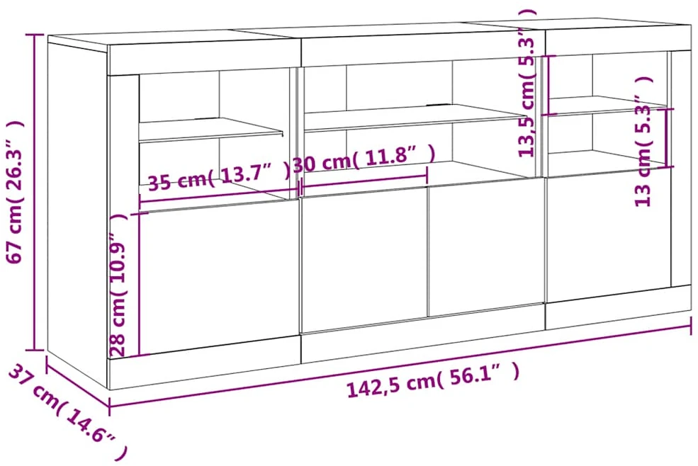 Šoninė spintelė su LED lemputėmis, betono pilka, 142,5x37x67cm
