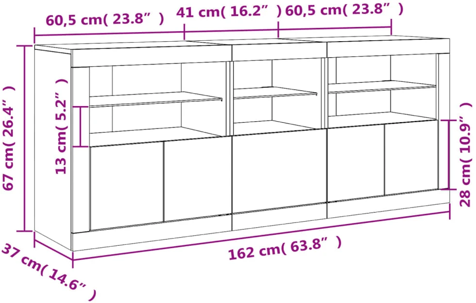 Šoninė spintelė su LED lemputėmis, dūminio ąžuolo, 162x37x67cm