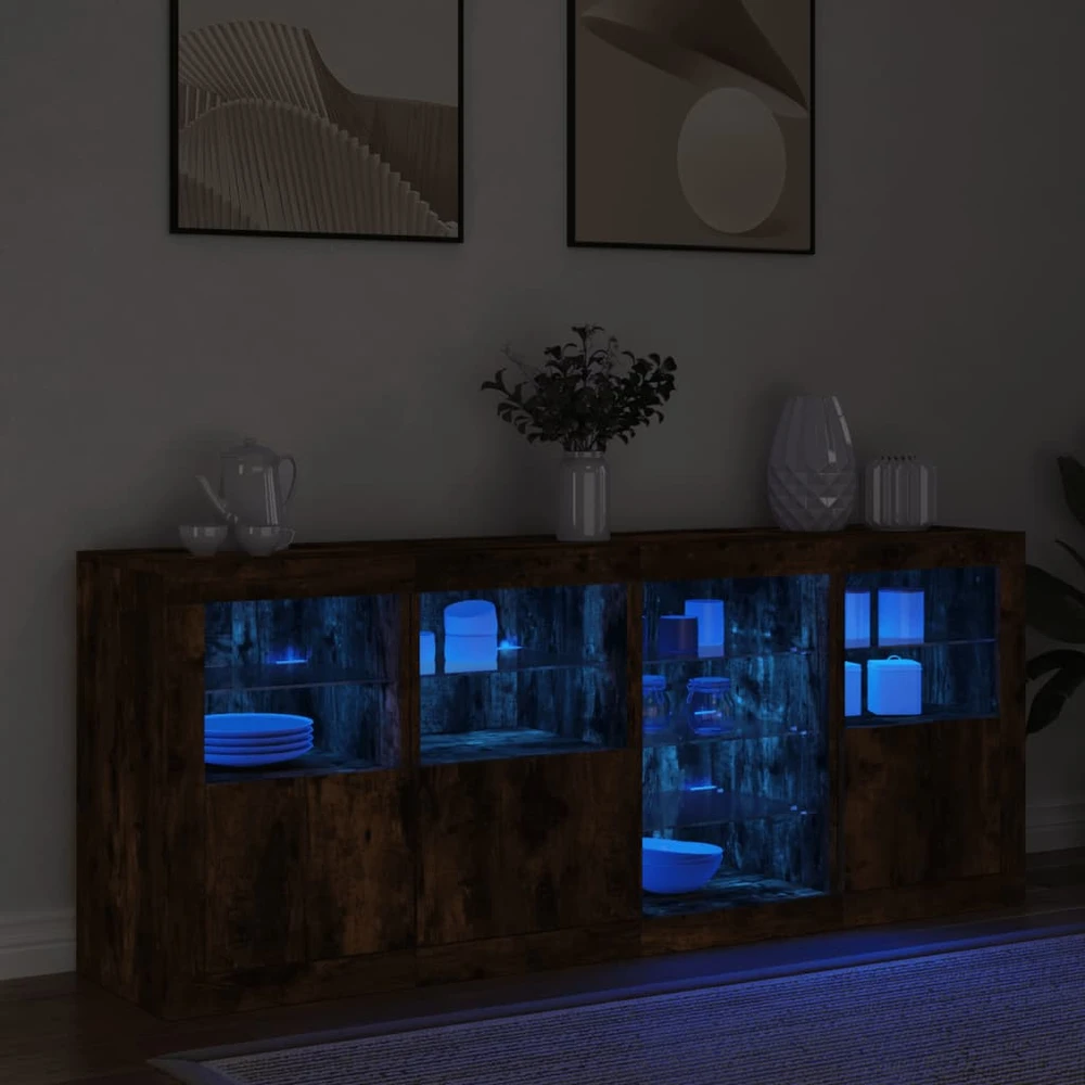 Šoninė spintelė su LED lemputėmis, dūminio ąžuolo, 164x37x67cm