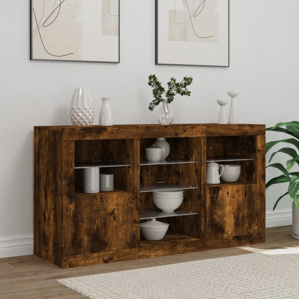 Šoninė spintelė su LED lemputėmis, dūminio ąžuolo, 123x37x67cm