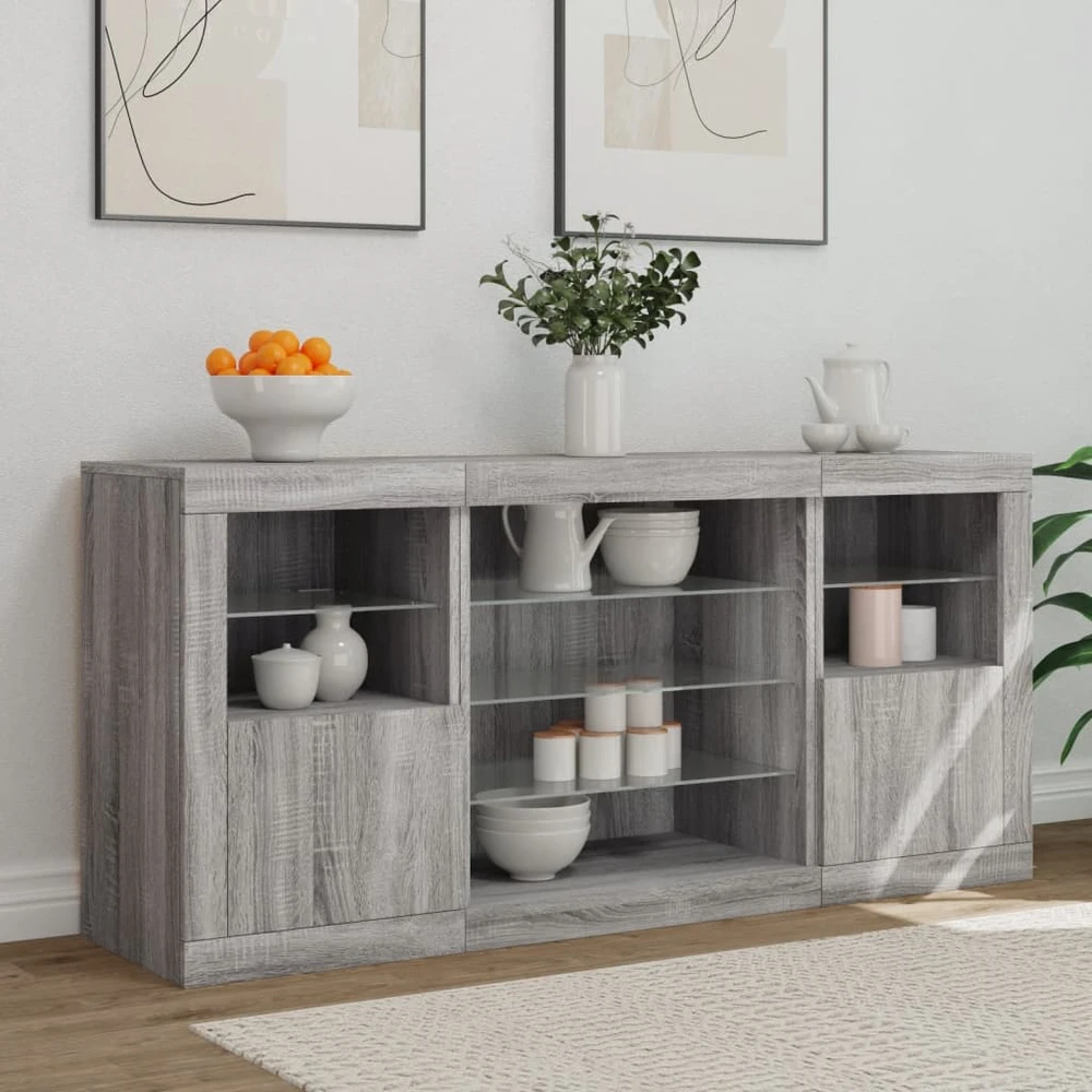 Šoninė spintelė su LED lemputėmis, pilka ąžuolo, 142,5x37x67cm