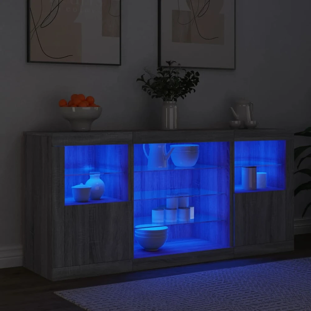 Šoninė spintelė su LED lemputėmis, pilka ąžuolo, 142,5x37x67cm