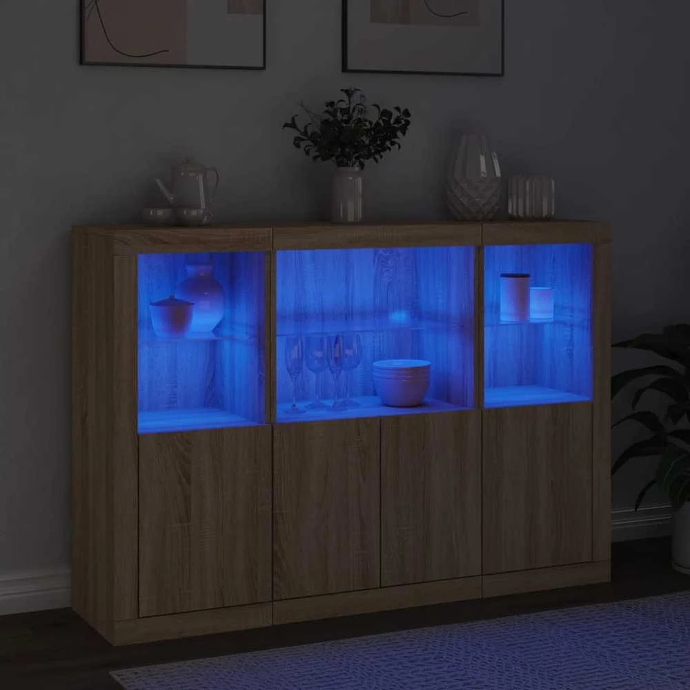 Šoninės spintelės su LED, 3vnt., ąžuolo, apdirbta mediena