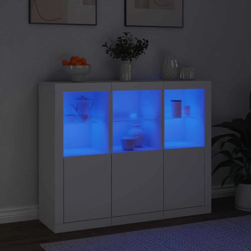 Šoninės spintelės su LED, 3vnt., baltos, apdirbta mediena