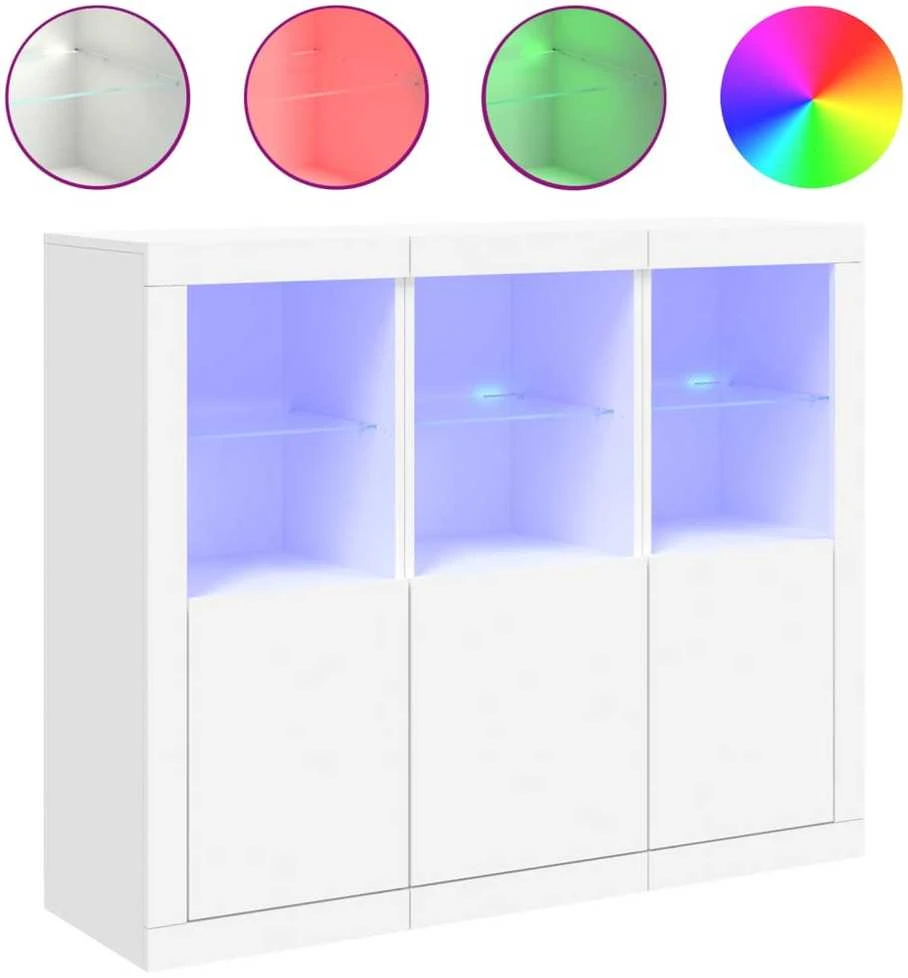 Šoninės spintelės su LED, 3vnt., baltos, apdirbta mediena