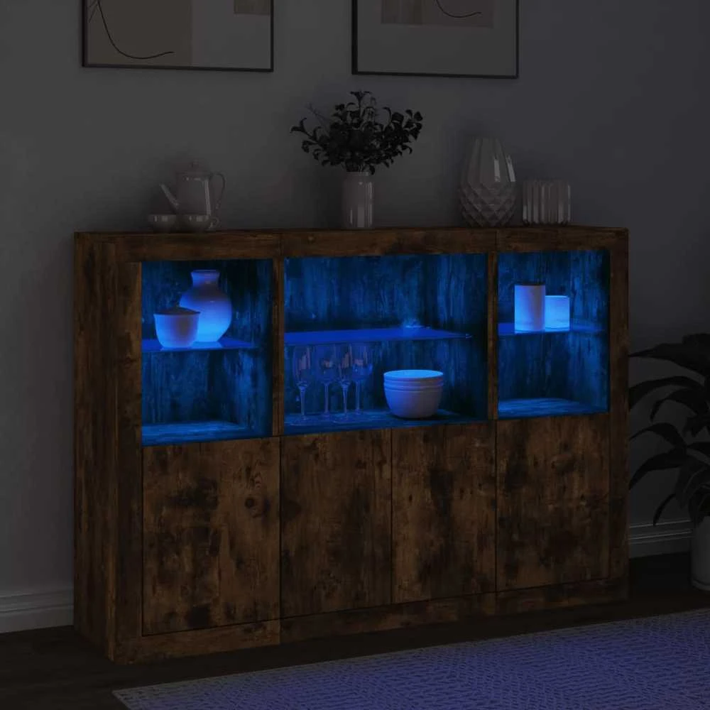 Šoninės spintelės su LED, 3vnt., dūminio ąžuolo, mediena