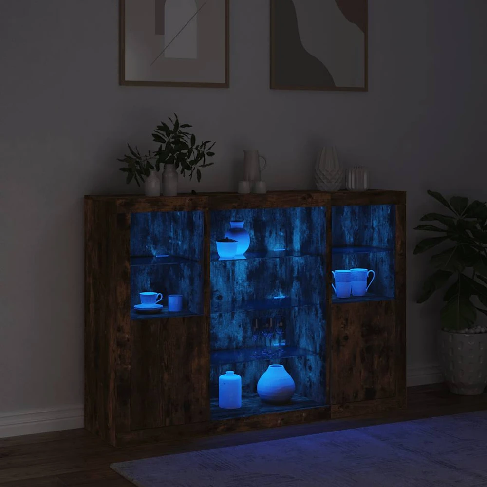 Šoninės spintelės su LED, 3vnt., dūminio ąžuolo, mediena