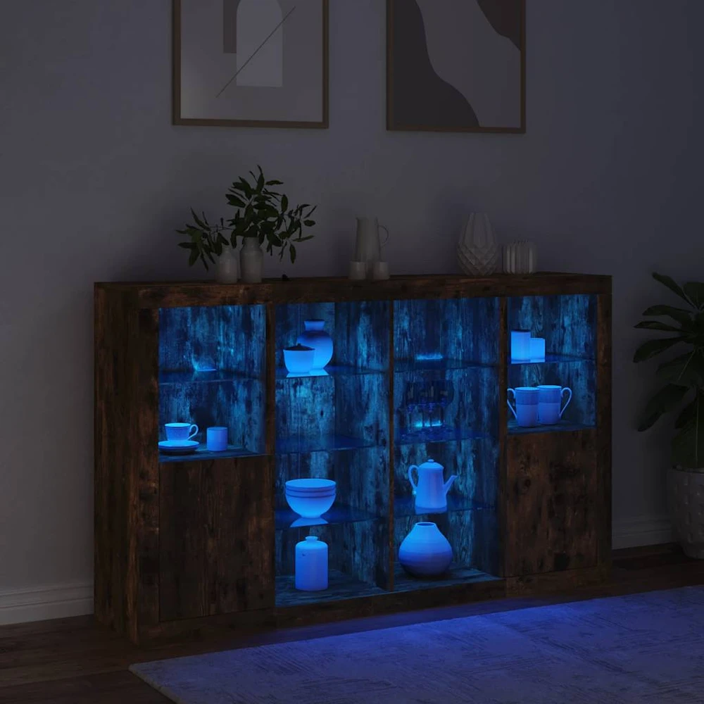 Šoninės spintelės su LED, 3vnt., dūminio ąžuolo, mediena