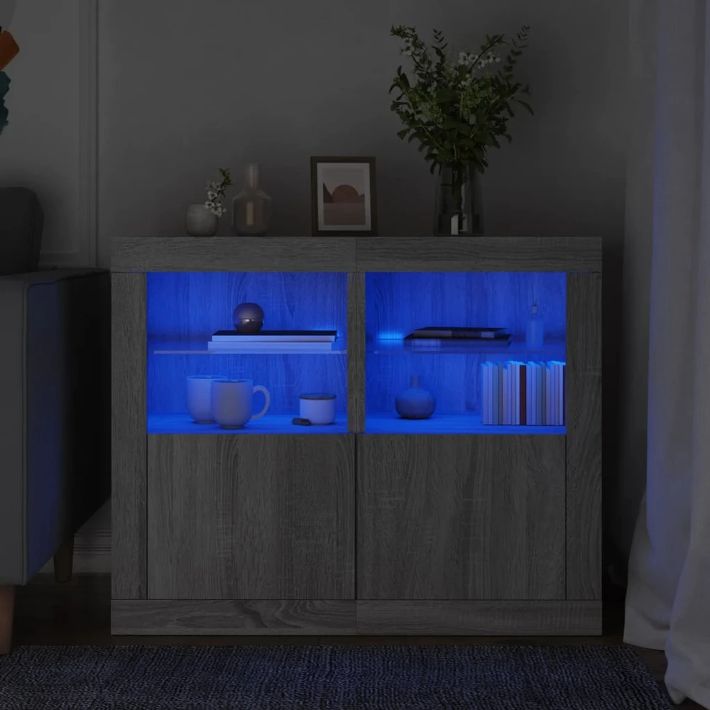 Šoninės spintelės su LED lemputėmis, 2vnt., pilka ąžuolo