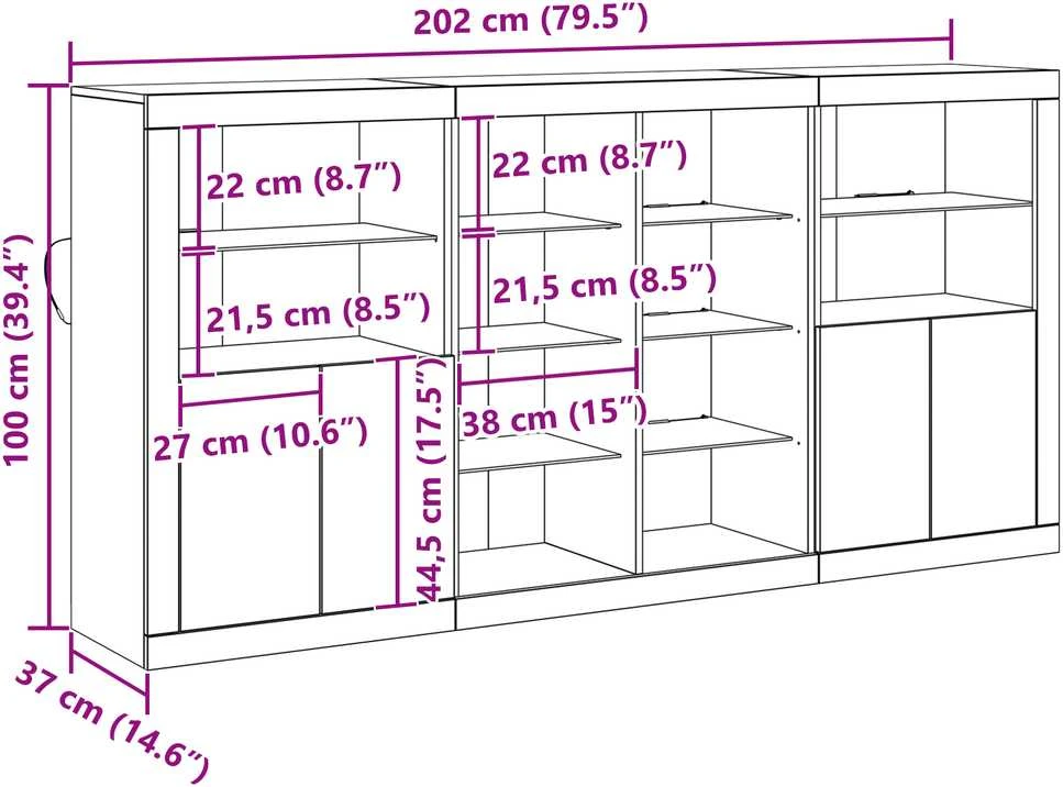 LED Bufetas 3 vnt. Senas medis 202 x 37 x 100 cm
