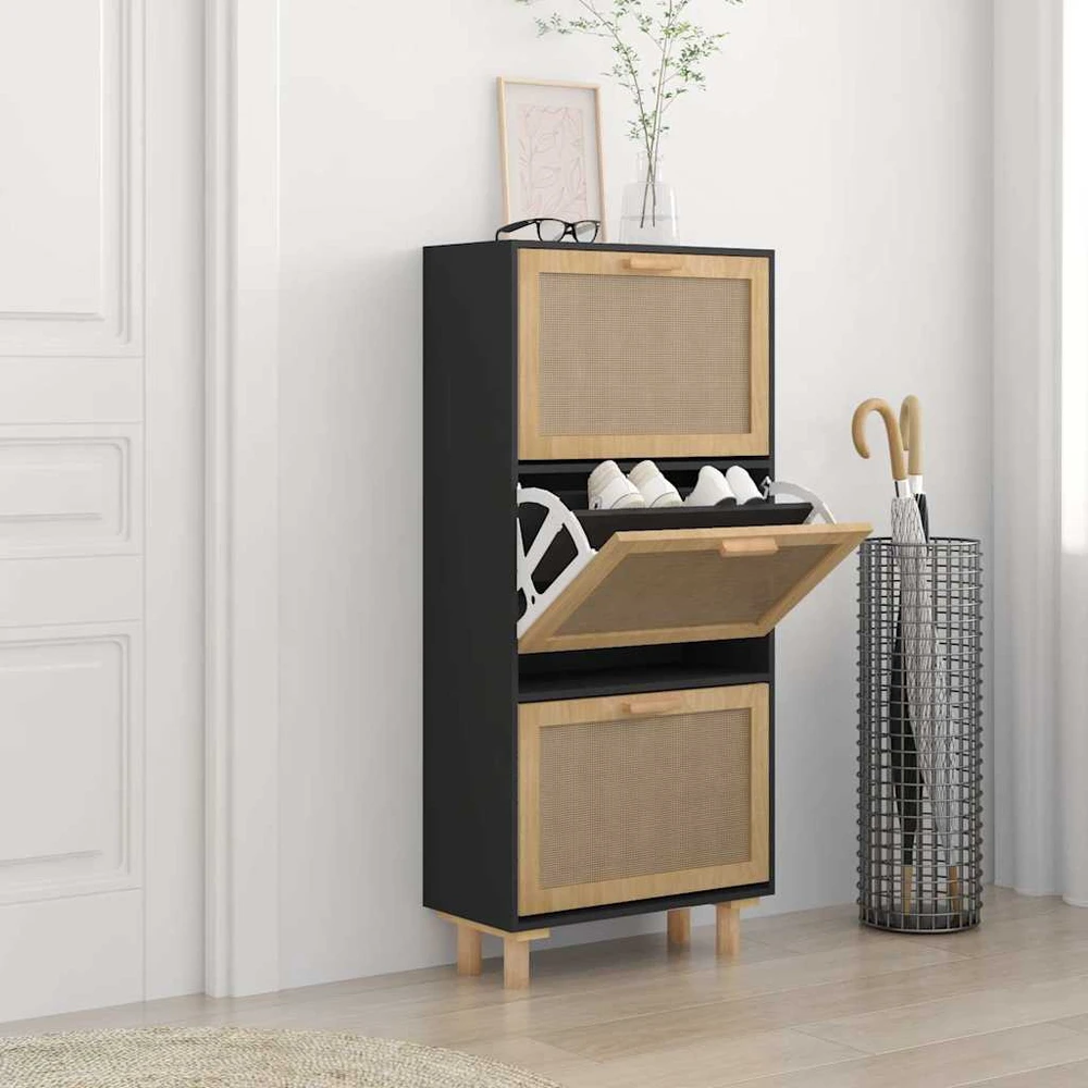 Spintelė batams, juodos spalvos, 52x25x115cm, mediena/ratanas