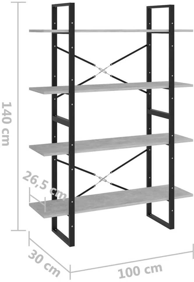 Spintelė knygoms, 4 aukštų, betono, 100x30x140cm, mediena
