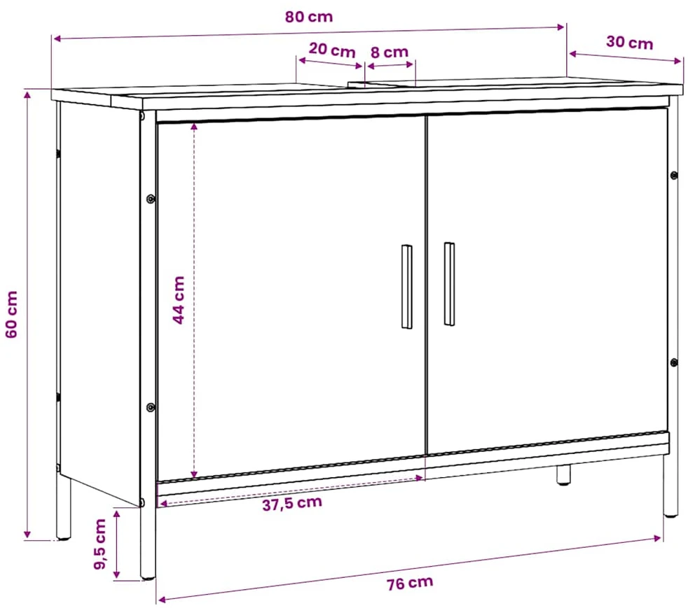 Spintelė praustuvui, pilka ąžuolo, 80x30x60cm, apdirbta mediena