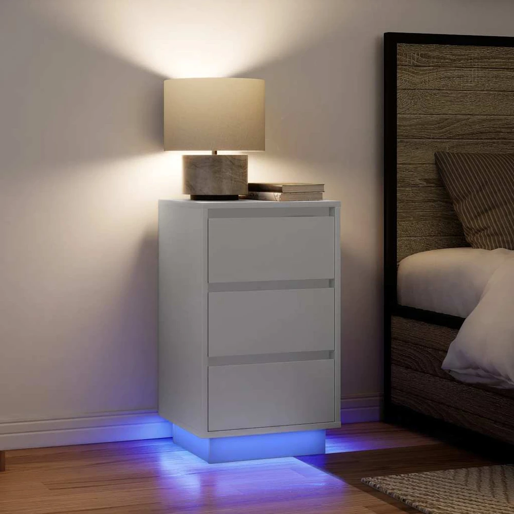 Spintelė prie lovos su LED lemputėmis Balta 38x34x65 cm