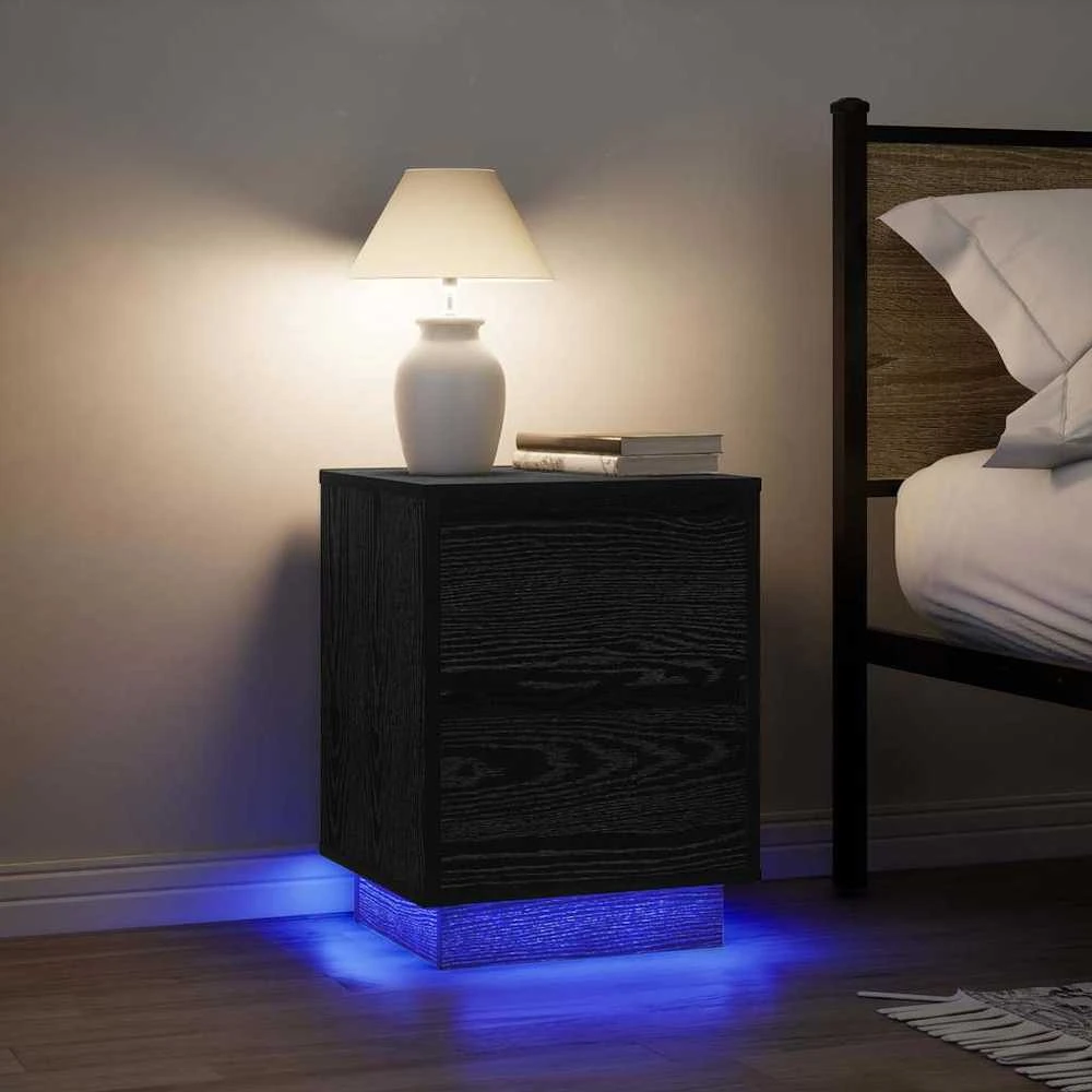 Spintelė prie lovos su LED lemputėmis Juoda 38x34x50 cm